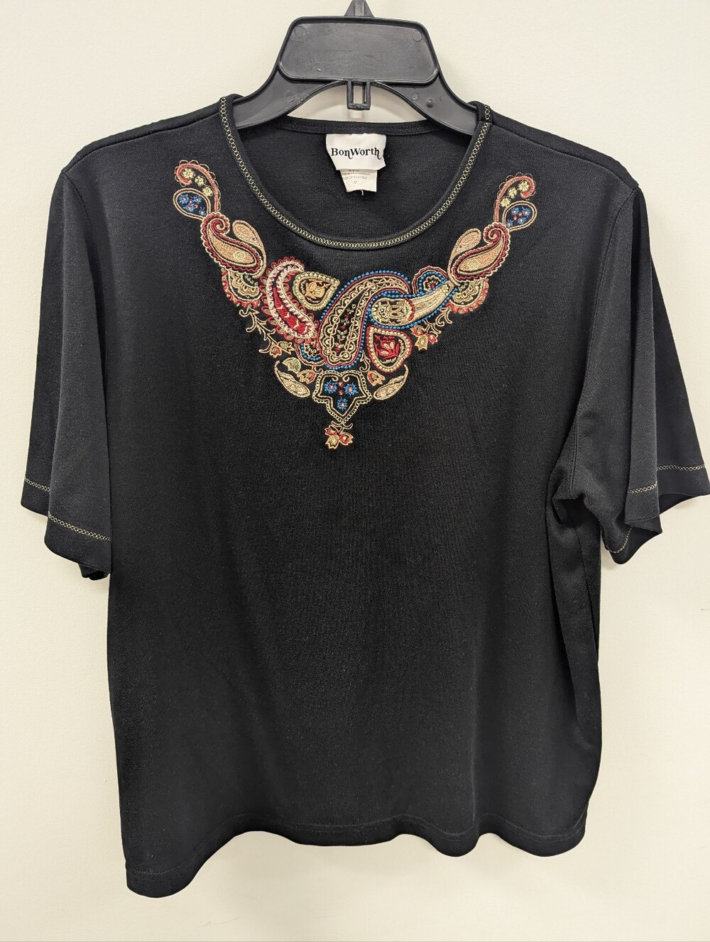 BonWorth Black Short Sleeve Tee with Embroidered Paisley Neck